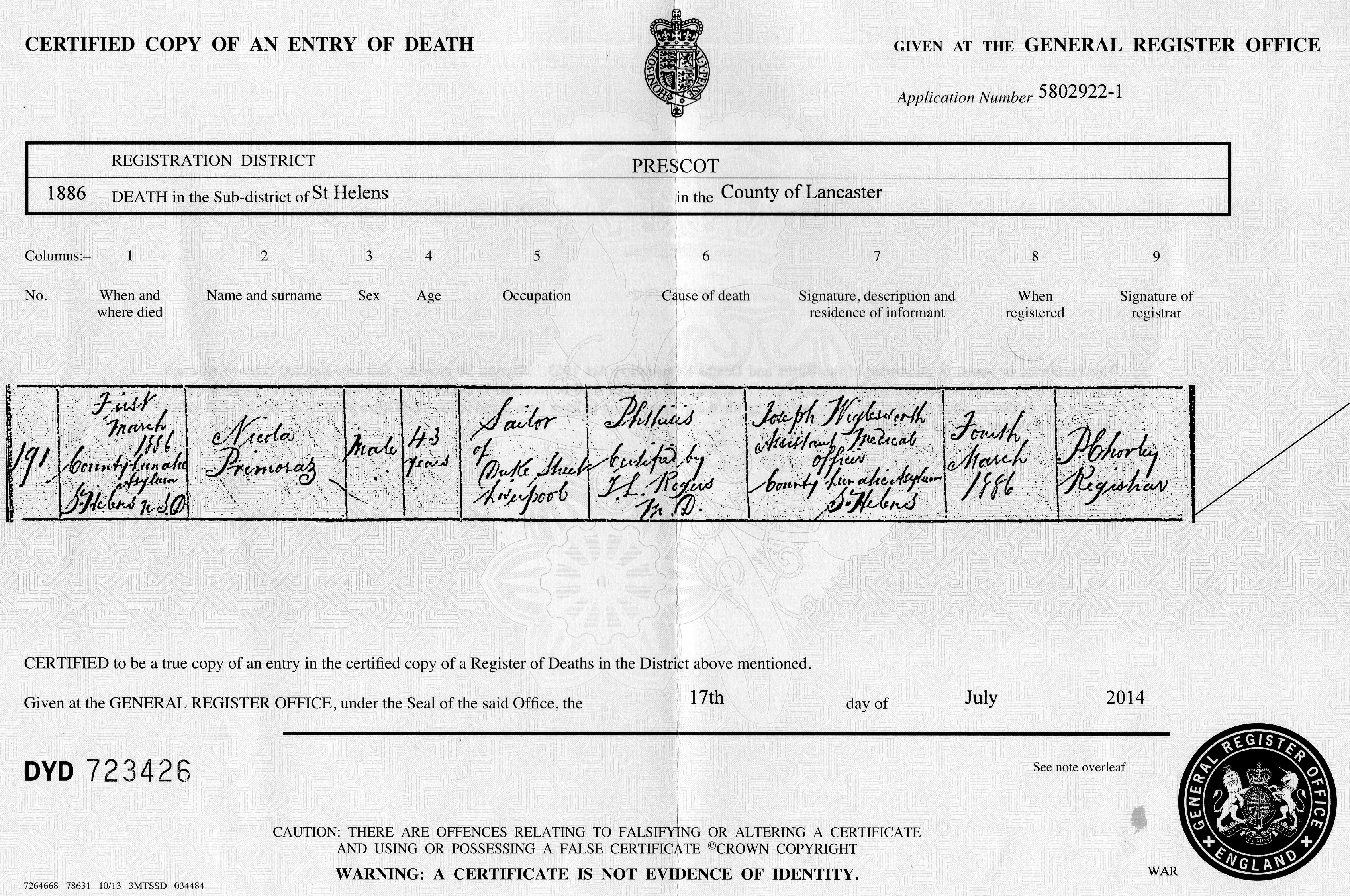 Upis smrti Nikole Primorca - General Register Office of England