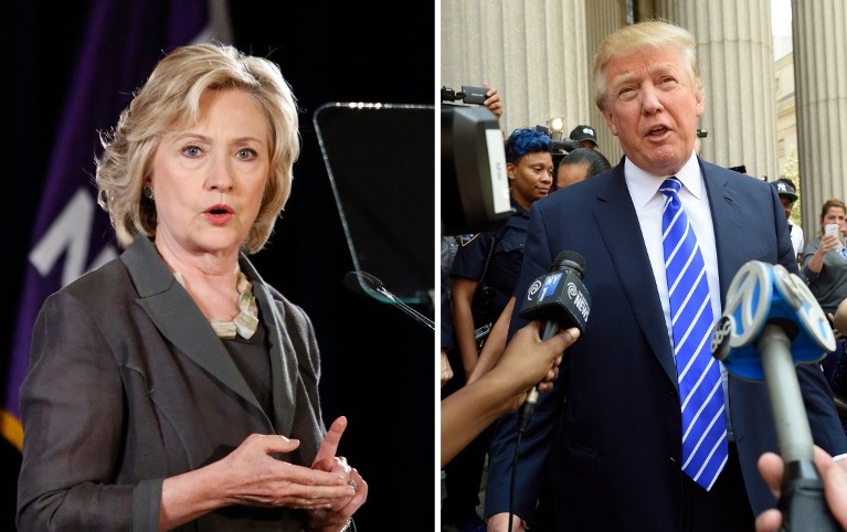 This combination of file photo shows Democratic presidential candidate Hillary Clinton(R) speaking at New York University in New York on July 24, 2015 and US Republican presidential candidate Donald Trump exiting the New York Supreme Court after morning jury duty on August 17, 2015 in New York. Trump is growing increasingly competitive in a general election matchup against Hillary Clinton, trailing the Democratic frontrunner by six points in a August 19, 2015 poll that shows the race tightening. Trump leads the broad Republican field by double digits. The political neophyte has dominated media coverage since he launched his campaign in June, steadily narrowing the gap against Clinton, according to a CNN/ORC poll which has tracked such matchups for months. AFP PHOTO / KENA BETANCUR(Right) / DON EMMERT(Left)