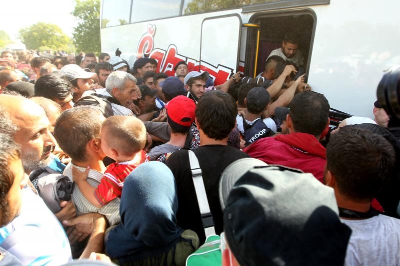 Izbjeglice u Tovarniku pokušavaju se nagurati u autobuse koji bi ih trebali odvesti na željezničku stanicu u Ilači. Foto: Željko Lukunić/PIXSELL