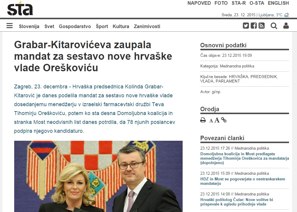 Slovenska tiskovna agencija o novom mandataru