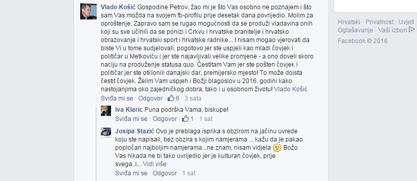 Objava Vlade Košića na Facebook profilu Bože Petrova