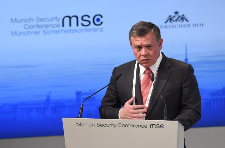 King Abdullah II bin Al Hussein of Jordan delivers his speech on the first day of the 52nd Munich Security Conference (MSC) in Munich, southern Germany, on February 12, 2016. / AFP / Christof Stache