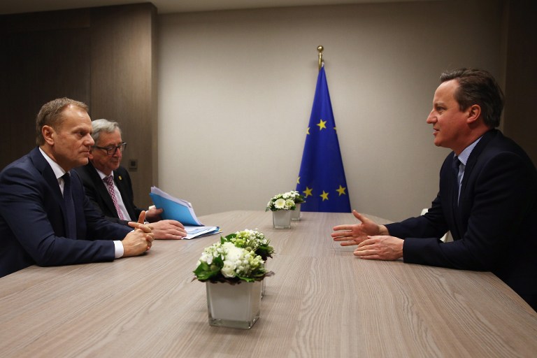 (L-R) European Council President Donald Tusk, European Commission President Jean-Claude Juncker and British Prime Minister David Cameron hold a meeting at the Council of the European Union on February 19, 2016 in Brussels. Most of Europe's 28 member state leaders are gathering in Brussels to take part in a crucial summit and vote on British Prime Minister David Cameron's pledge to renegotiate the terms of Britain's membership in the EU, namely proposals to limit benefits for migrant workers. A referendum on whether Great Britain will stay in or leave the European Union is to be held before the end of 2017, though many expect it to take place in June this year. / AFP / Getty Images Europe / Dan Kitwood