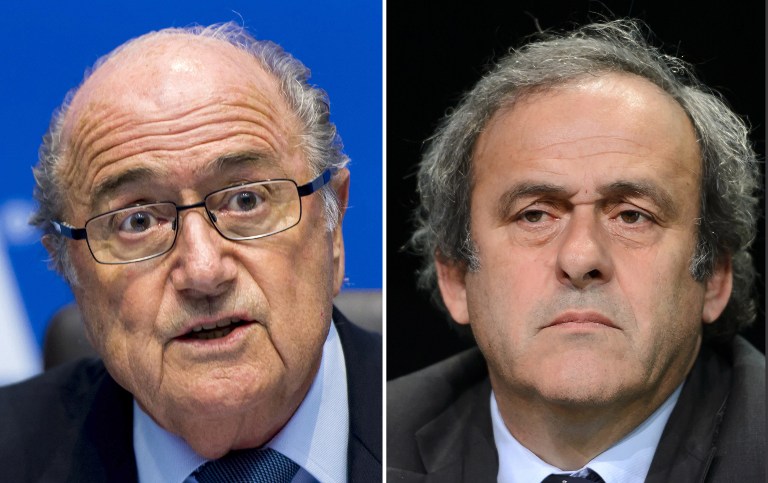 (FILES) This file photo taken on May 22, 2015 shows a combination made on June 6, 2015 of file photos shows FIFA president Sepp Blatter (L) and UEFA President Michel Platini. The battle for the FIFA presidency on February 26, 2016 has turned into a gruelling round-the-globe marathon for the five candidates but observers say they are avoiding the real problems facing the scandal-infected world football body. / AFP / DESK