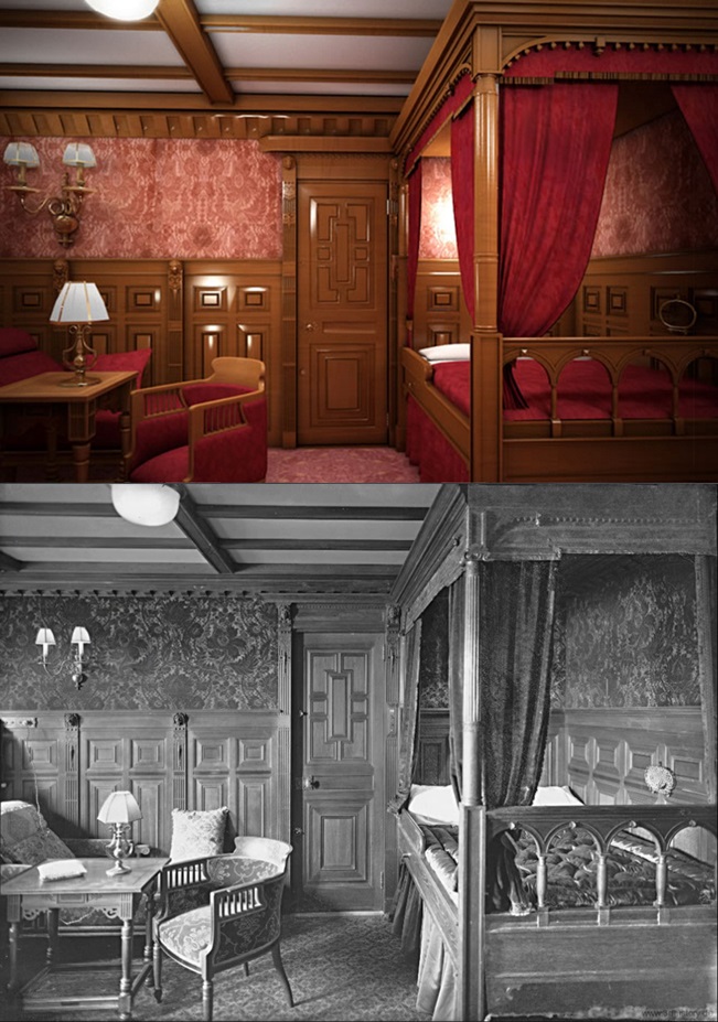 Gore je replika sobe, a dolje originalna soba na Titanicu