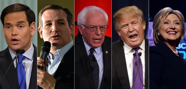 (COMBO) This combination of pictures created on February 25, 2016 shows top US presidential candidates (L-R) Republican Marco Rubio on January 14, 2016; Republican Ted Cruz on February 23, 2016; Democrat Bernie Sanders on on February 04, 2016; Republican Donald Trump on February 23, 2016; and Democrat Hillary Clinton on February 04, 2016. The candidates head to the Super Tuesday" primaries on March 1, 2016. Twelve states and one territory will caucus or cast primary votes, with more delegates up for grabs than at any other time in the presidential election cycle. / AFP / dsk