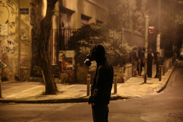 Clashes between anarchists and police officers in Exarcheia district following a protest rally against the new social security bill by labor unios and anarchist groups in Athens, Greece on May 8, 2016. Aris Oikonomou / SOOC