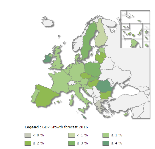 Procjene rasta Europske komisije za zemlje EU u 2016.