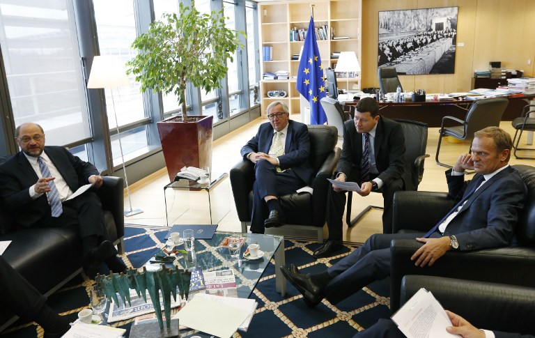 (From L) EU Parliament leader Martin Schulz, European Commission chief Jean-Claude Juncker, Juncker's Head of Cabinet, Martin Selmayr and President of the European Council, Donald Tusk are pictured during a meeting with the Dutch Prime Minister (not pictured) at the EU Headquarters in Brussels on June 24, 2016. European Commission chief Jean-Claude Juncker on June 24, 2016 denied that Britain's shock vote to leave the EU was the start of a process of disintegration for the bloc. / AFP PHOTO / POOL / FRANCOIS LENOIR
