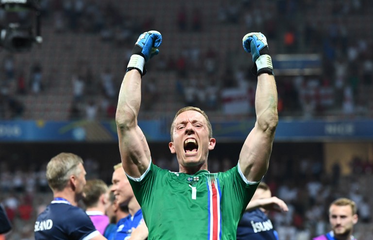 Goalkeeper Hannes Thor Halldorsson of Iceland celebrates the 1-2 victory after the UEFA EURO 2016 Round of 16 soccer match between England and Iceland at Stade de Nice in Nice, France, 27 June 2016. Photo: Federico Gambarini/dpa (RESTRICTIONS APPLY: For editorial news reporting purposes only. Not used for commercial or marketing purposes without prior written approval of UEFA. Images must appear as still images and must not emulate match action video footage. Photographs published in online publications (whether via the Internet or otherwise) shall have an interval of at least 20 seconds between the posting.)