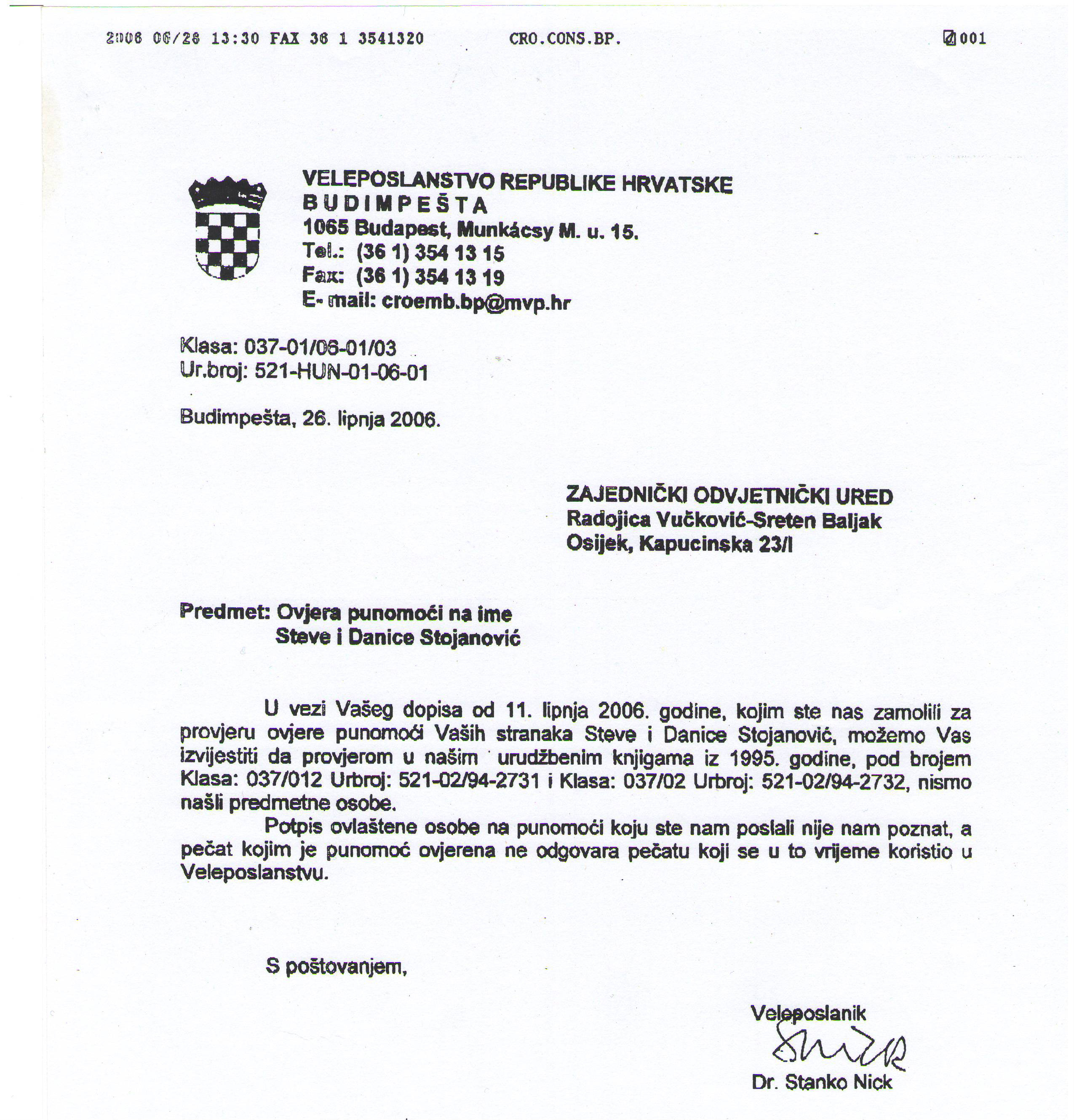 barić - pismo iz veleposlanstva