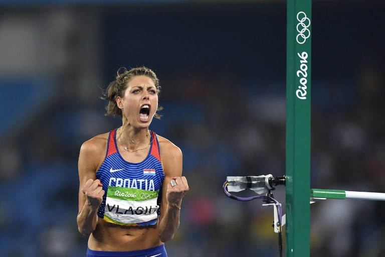 Croatia's Blanka Vlasic reacts in the Women's High Jump Final during the athletics event at the Rio 2016 Olympic Games at the Olympic Stadium in Rio de Janeiro on August 20, 2016. / AFP PHOTO / Fabrice COFFRINI