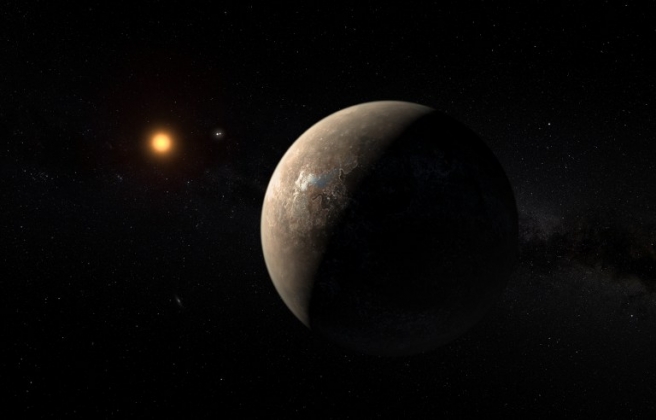 A hand out image made available by the European Southern Observatory on August 24 2016, shows an artist's impression of the planet Proxima b orbiting the red dwarf star Proxima Centauri, the closest star to the Solar System. The double star Alpha Centauri AB also appears in the image between the planet and Proxima itself. Proxima b is a little more massive than the Earth and orbits in the habitable zone around Proxima Centauri, where the temperature is suitable for liquid water to exist on its surface. Scientists on August 24, 2016 announced the discovery of an Earth-sized planet orbiting the star nearest our Sun, opening up the glittering prospect of a habitable world that may one day be explored by robots. Named Proxima b, the planet is in a "temperate" zone compatible with the presence of liquid water -- a key ingredient for life. / AFP PHOTO / EUROPEAN SOUTHERN OBSERVATORY / M. Kornmesser