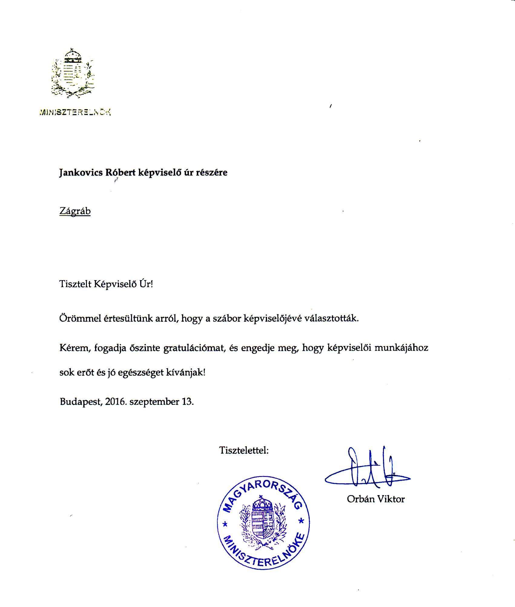 Službena čestitka koju je Orban poslao Jankovicsu nakon što je izabran u Sabor