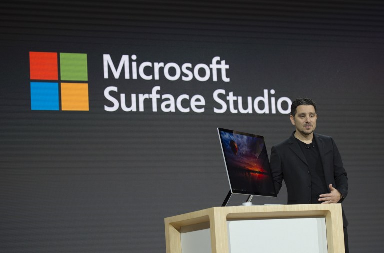 Microsoft Corporate VP of Devices, Panos Panay introduces Microsoft Surface Studio at a Microsoft news conference October 26, 2016 in New York. / AFP PHOTO / DON EMMERT