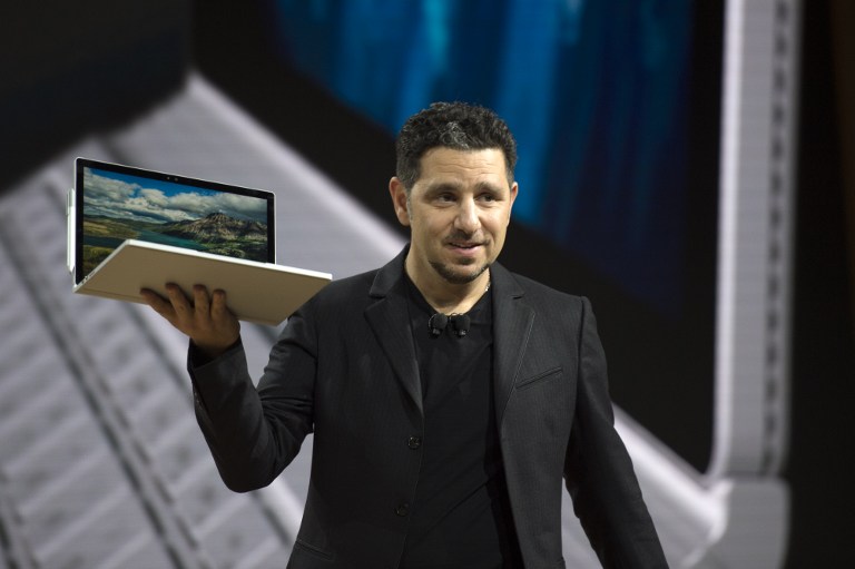 Microsoft Corporate VP of Devices Panos Panay, talks about Microsoft Surface Book i7 at a Microsoft news conference October 26, 2016 in New York. / AFP PHOTO / DON EMMERT