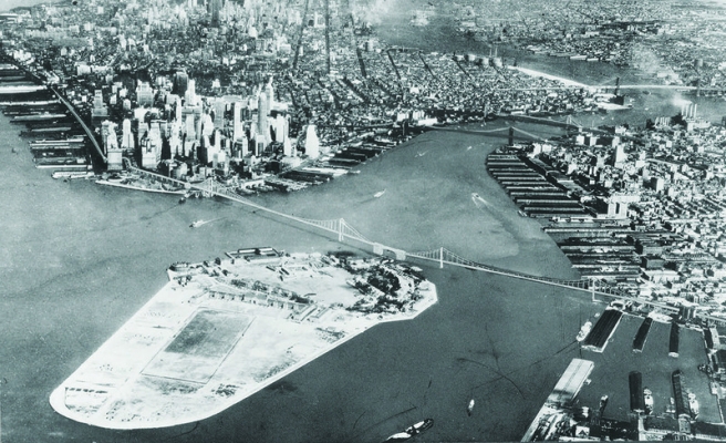 a-photo-montage-of-the-1939-proposal-by-robert-moses-and-othmar-ammann-for-the-brooklyn-battery-bridge