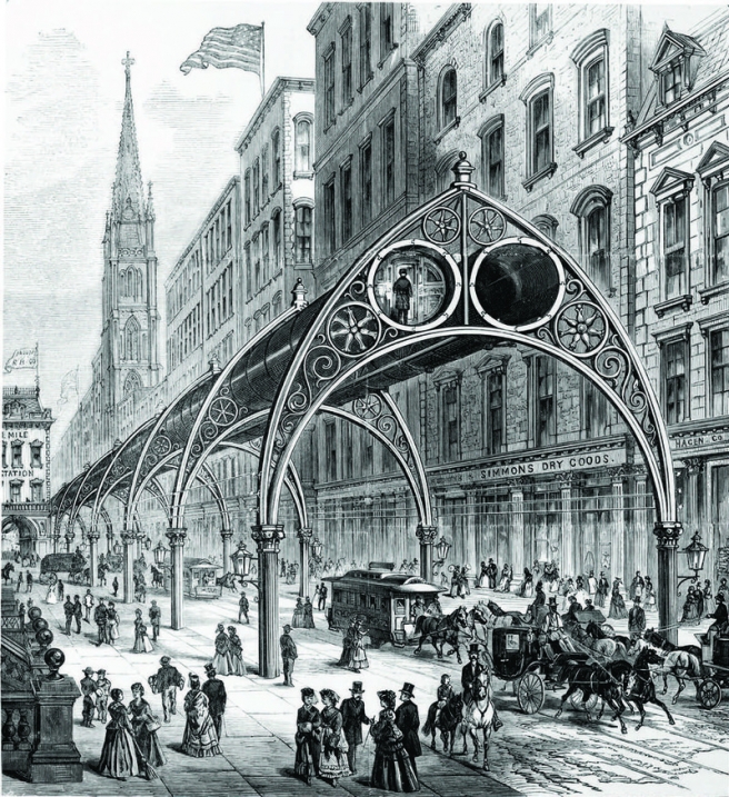 an-illustration-showing-rufus-henry-gilberts-1870-plan-for-an-elevated-railway-with-air-powered-tubes-24-feet-above-the-ground