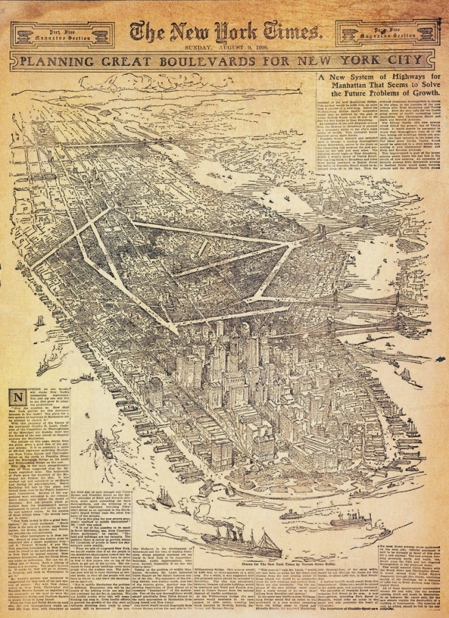 headlines-in-the-the-new-york-times-from-august-8-1909-praising-charles-rollinson-lambs-plan-for-diagonal-avenues-across-manhattan
