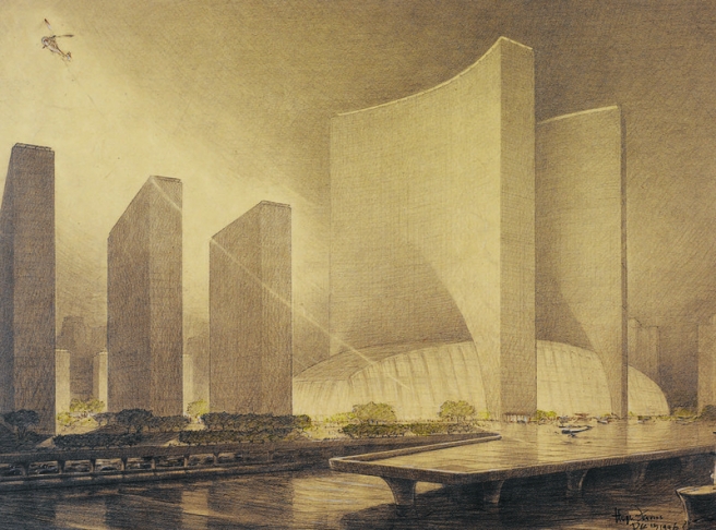 x-city-a-complex-proposed-in-1946-on-the-east-river-that-would-include-curved-skyscrapers-a-concert-hall-and-as-shown-here-a-runway-for-helicopters-and-small-aircraft