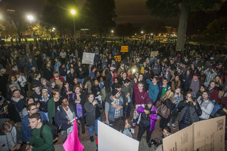 BOSTON, MA - NOVEMBER 09: Thousands gather in the Boston Common to protest the election of Donald Trump on November 9, 2016 in Boston, Massachusetts. Trump defeated Democrat Hillary Clinton in an upset to become the 45th president. Scott Eisen/Getty Images/AFP