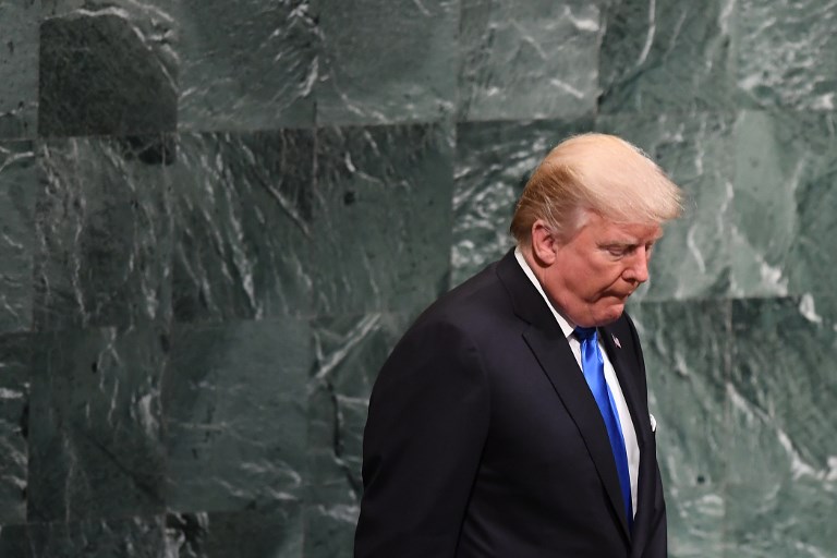 US President Donald Trump arrives to address the 72nd session of the United Nations General Assembly at the UN headquarters in New York on September 19, 2017.  / AFP PHOTO / Jewel SAMAD