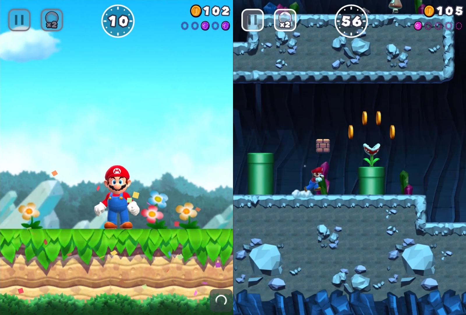Super Mario Run je prva mobilna igra, ne samo za Nintendo, već i za Super Mario serijal. Igra je ponovno u 2D obliku, a igračeva jedina zadaća je dodirivanje ekrana nakon čega Super Mario skače. Nije potrebno pritiskati neku tipku za trčanje, što pak također znači da se Mario u niti jednom trenu ne može ručno zaustaviti. Stoga je iznimno važno reagirati na vrijeme i biti vrlo precizan, kako bi Mario preskočio sve prepreke.