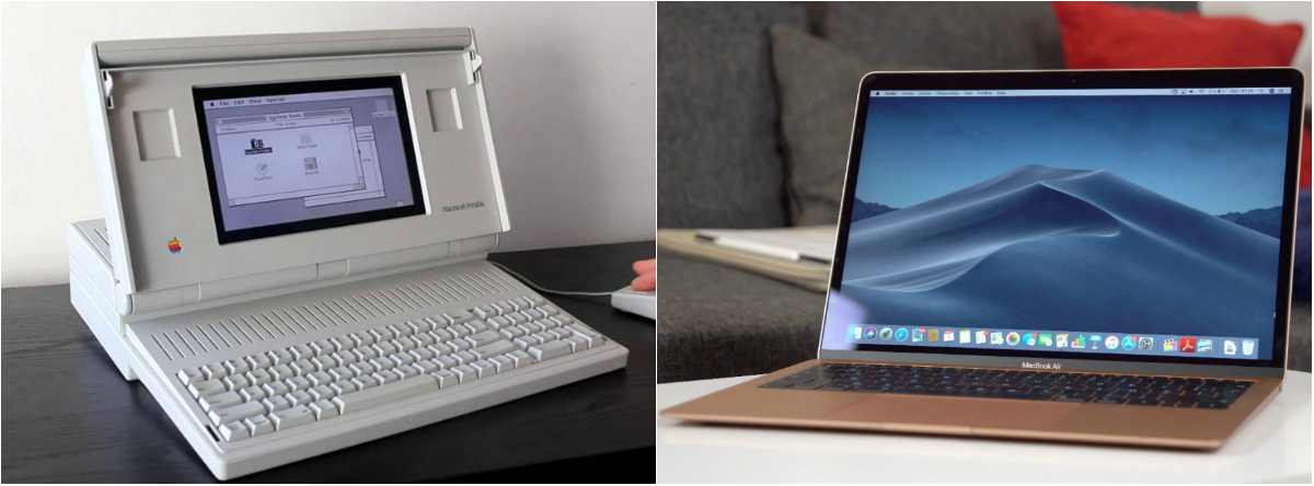 Apple je svoj prvi laptop, Macintosh Portable, predstavio 1989. godine. Iako su prenosiva računala postajala i ranije, ona su uglavnom bila zamišljena za prenošenje u nekom kovčegu, te za rad za stolom. Ipak, sa svojih 7,2 kilograma, Macintosh Portable bismo također teško zamislili u našem krilu. Među najnovijim Apple laptopima je nedavno predstavljeni MacBook Air, koji je preko 5 puta lakši od Macintosh Portablea.