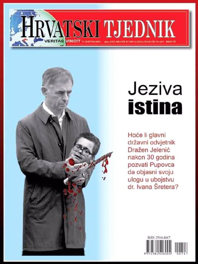Naslovnica koju je Hrvatski tjednik objavio kao odgovor na naslovnicu Novosti s početka ove godine. Novosti su tada objavile karikaturu Tuđmanovog spomenika koji u rukama drži odrubljenu glavu partizana.