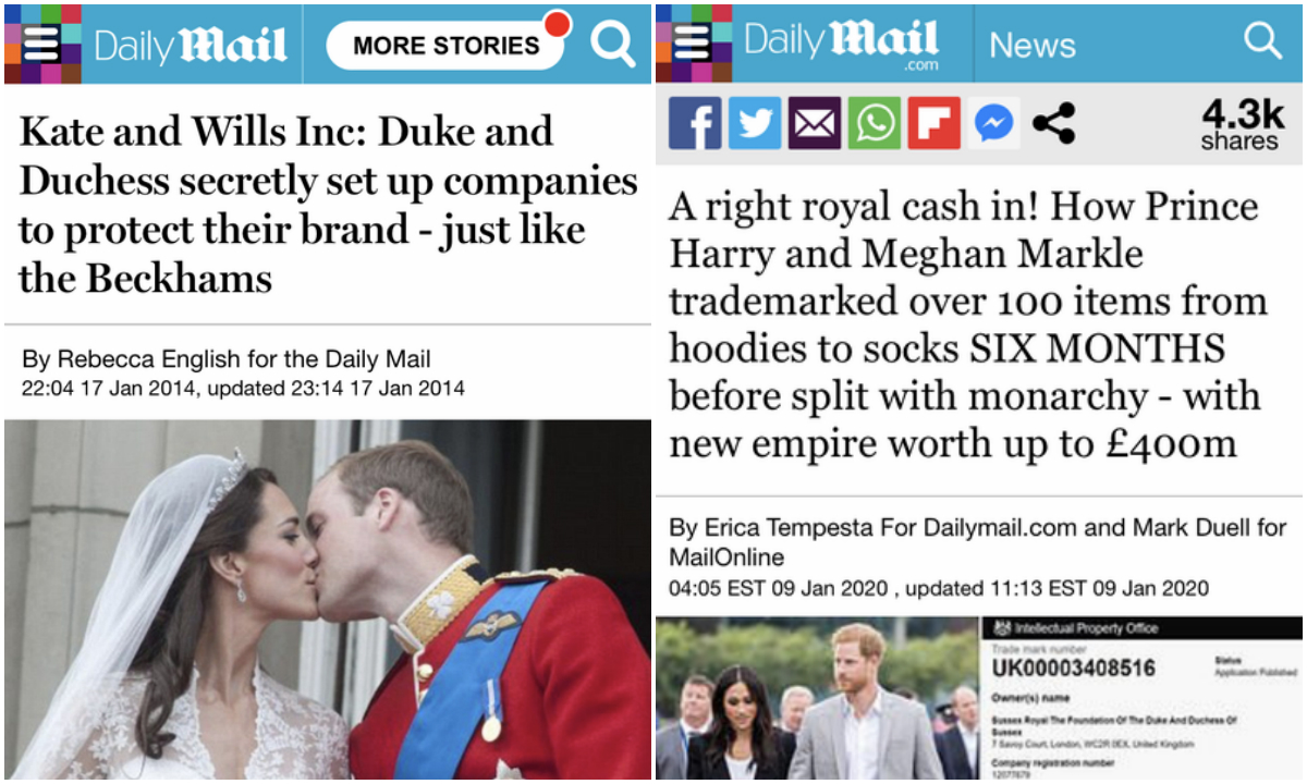 Kada su 2014. William i Kate otvorili tvrtke kako bi <a href="https://www.dailymail.co.uk/news/article-2541509/Duke-Duchess-Cambridge-Kate-Wills-secretly-set-companies-protect-brand.html/"><b><u>zaštitili prava na svoj brend</u></b></a> (brend su oni sami), hvalilo ih se kako su povukli pametan potez. Zbog tog mogu zarađivati na tričarijama poput šalica, na kojima se nalazi njihov lik ili imena. Početkom ovog mjeseca Daily Mail <a href="https://www.dailymail.co.uk/news/article-7868315/Prince-Harry-Meghan-Markle-trademarked-100-items.html/"><b><u>napao je Meghan i Harryja</u></b></a> jer su prije pola godine napravili isto.