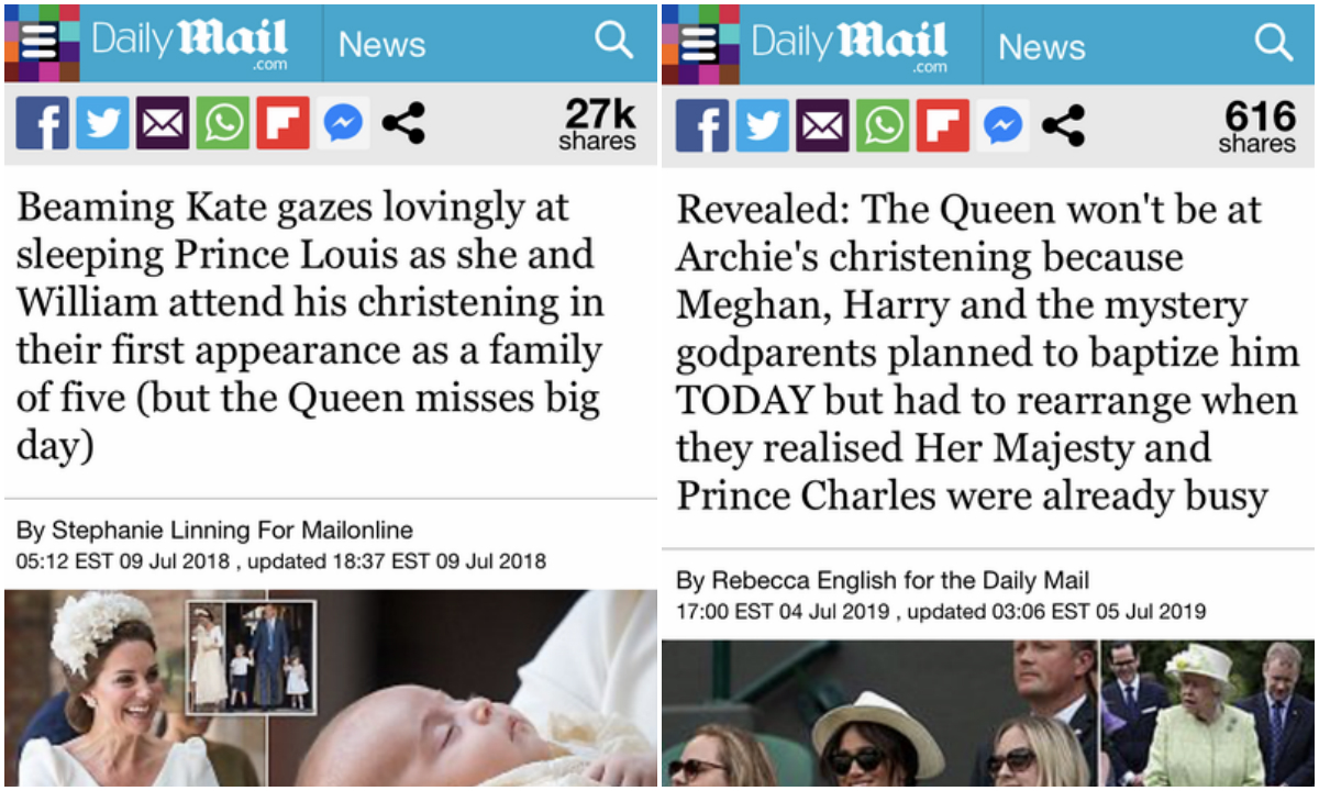 Kraljica je propustila krštenje, najmlađeg djeteta Williama i Kate, Louisa, ali to je tada bilo nebitno. U naslovu stoji kako Kate pogledom punim ljubavi <a href="https://www.dailymail.co.uk/femail/article-5933103/The-Queen-Duke-Edinburgh-NOT-attend-Prince-Louiss-christening.html/"><b><u>gleda u usnulog sinčića</u></b></a>. Kada su Meghan i Harry htjeli krstiti Archieja izbio je skandal. Naime, na dan kada se krštenje trebalo održati kraljica je bila zauzeta pa su morali promijeniti datum, a Harryja i Meghan optužili su da nisu dobro planirali i da <a href="https://www.dailymail.co.uk/news/article-7214621/The-Queen-wont-Archies-christening-diary-clash.html/"><b><u>nemaju nimalo obzira</u></b></a>.