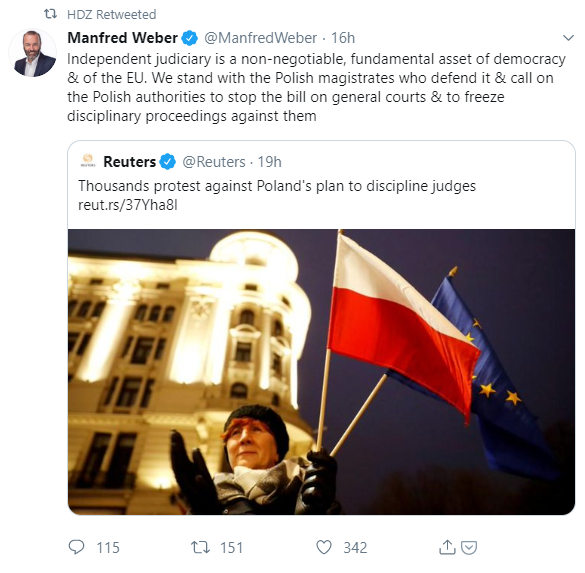 HDZ je jučer poslijepodne retweetao objavu Manfreda Webera, koji je pak retweetao Reuters.