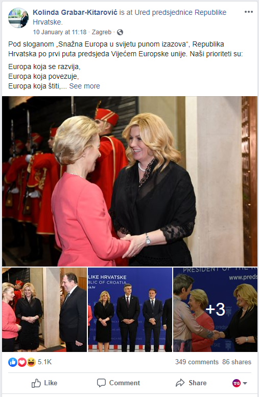 Predsjednica se na Facebooku posljednji put oglasila u petak, kada je objavila par fotografija s početka predsjedanja Hrvatske Vijećem Europe.