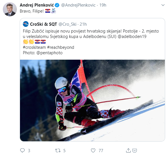 No na Twitter profilu, zadnja objava je ona u kojoj čestita skijašu Filipu Zubčiću na jučerašnjem sjajnom drugom mjestu u veleslalomu.