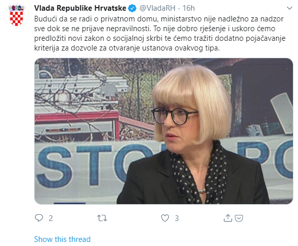 Službeni profil Vlade na Twitteru pozabavio se u subotu popodne izjavom ministrice Vesne Bedeković o požaru staračkog doma u Zagorju. 