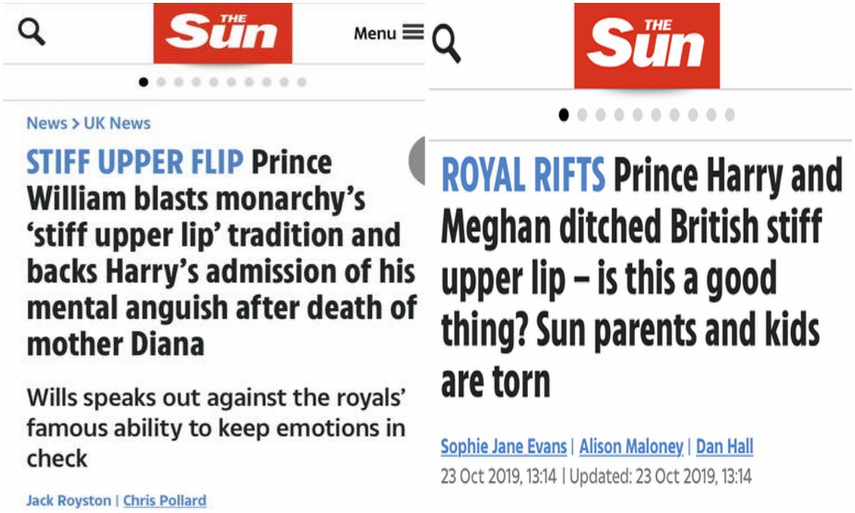 Britanci su poznati po tome što ne iskazuju emocije, a kraljevska obitelj tradicionalno je hladna i odmjerena. Kada je Will 2017. podržao Harryja koji je progovorio protiv takve kraljevske tradicije, <a href="https://www.thesun.co.uk/news/3351392/prince-william-blasts-monarchys-stiff-upper-lip-tradition-and-backs-harrys-admission-of-his-mental-anguish-after-death-of-mother-diana/"><b><u>The Sun ga je hvalio</u></b></a>. Kada su Harry i Meghan 2019. potegnuli tu temu, ovaj medij ih je prozvao. <a href="https://www.thesun.co.uk/news/10188109/prince-harry-meghan-markle-stiff-upper-lip/"><b><u>Pitali su čitatelje što misle</u></b></a> o "cendranju iz tako privilegirane pozicije". Komentari, očekivano, nisu bili genijalni.
