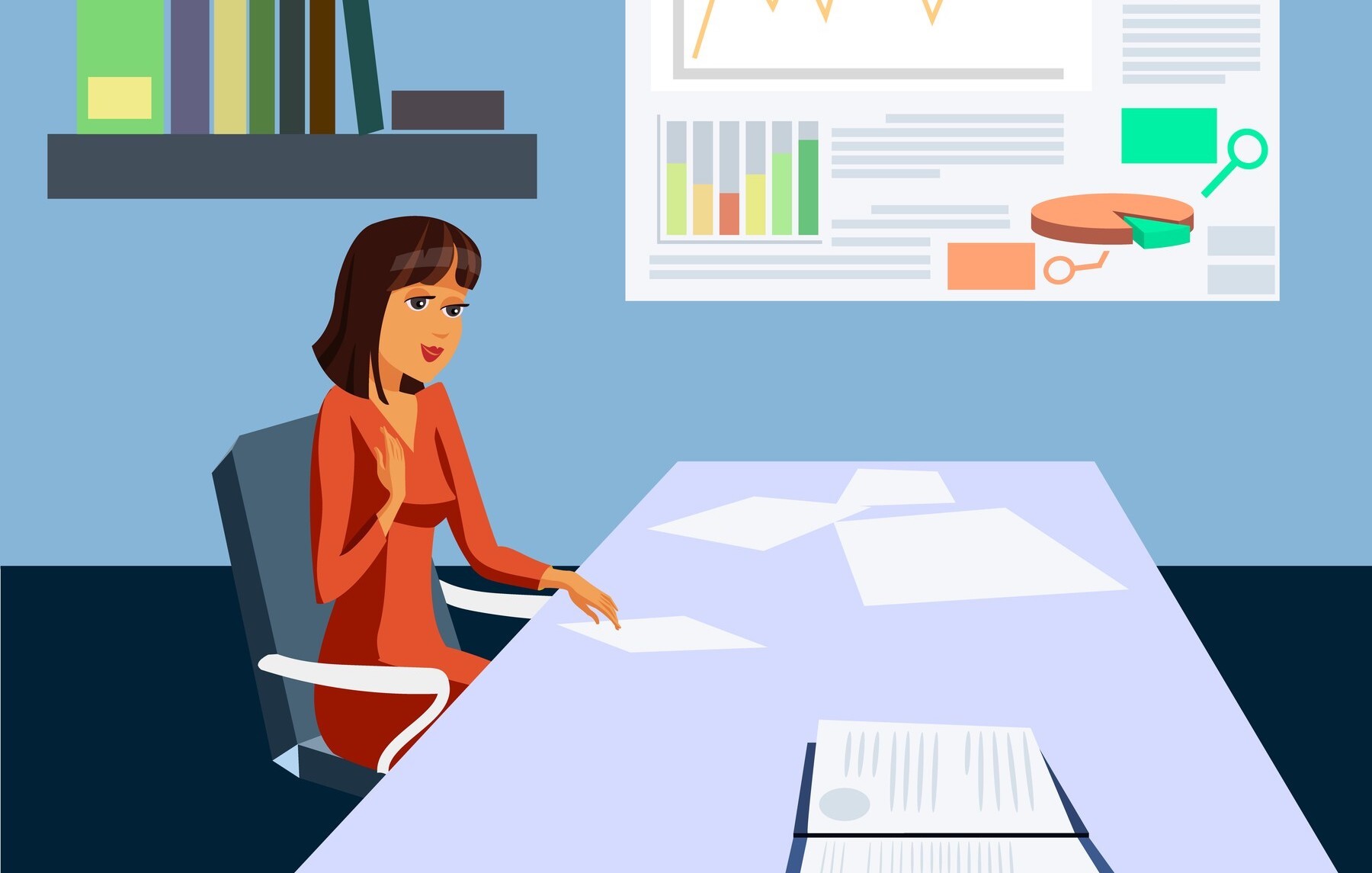 Businesswoman in Working Office Flat Illustration. Female Boss, Investor, Trader Cartoon Character. Successful, Confident, Wealthy Woman. Documents on Desk, Graph Growth Vector Drawing