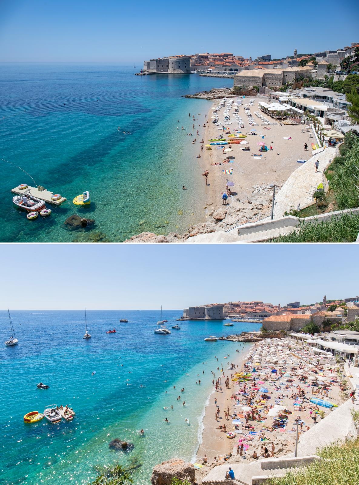 Pixsellovi fotografi ovih su dana prošetali nekolicinom popularnijih plaža u Hrvatskoj i snimili koliko na njima trenutno ima turista, u jeku epidemije korone. Kako bi vizualno demonstrirali koliko je ova turistička sezona slaba, iskopali su fotografije s tih istih plaža, ali snimljenih proteklih godina. Usporedba je krajnje dramatična. Ovo je, primjerice, plaža u Dubrovniku.