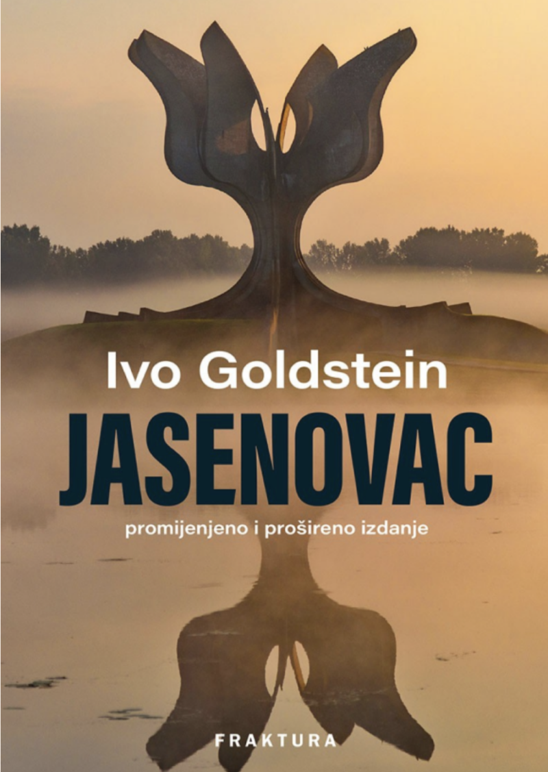 Naslovnica knjige Jasenovac autora Ive Goldsteina s pomnikom u obliku cvijeta u magli na pozadini.